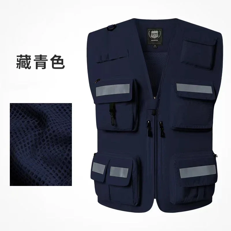 Customized reflective multi pocket fishing vest, customized work clothes with printed logo, safety vest, unisex reflective vest