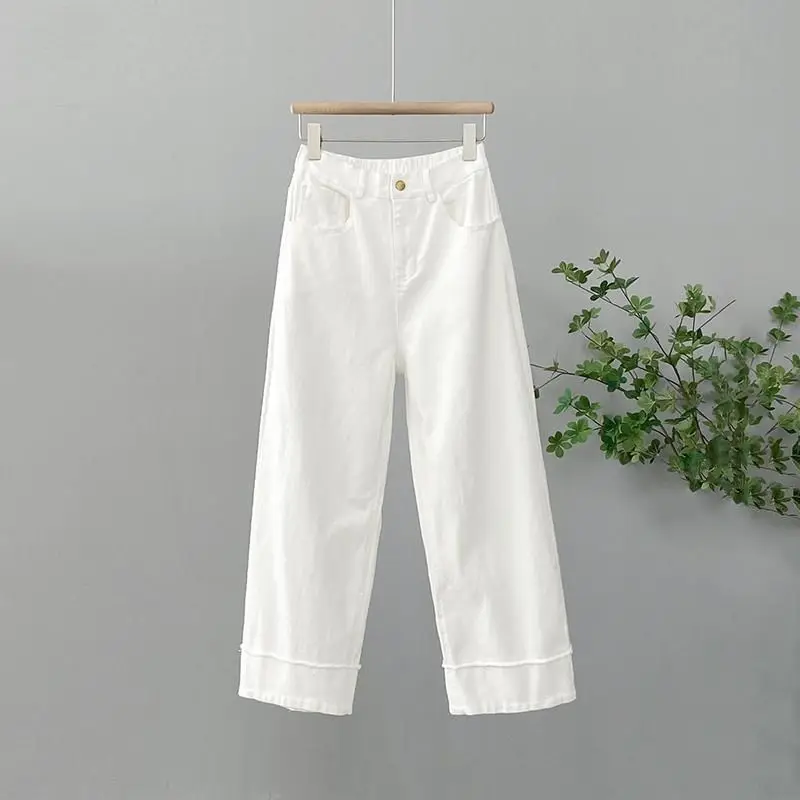 Simplicity Fashion Autumn Jeans Women Solid Zipper Pockets Elastic High Waist Korean Casual Loose Straight Ankle Length Pants