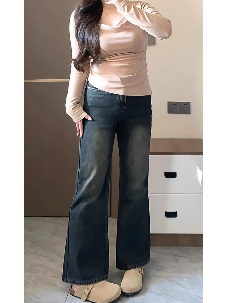 

Loose Wide Leg Bell Bottom Jeans Women's High Waist Straight Leg Denim Jeans Spring New Style for Pear Shaped plus Size Ladies