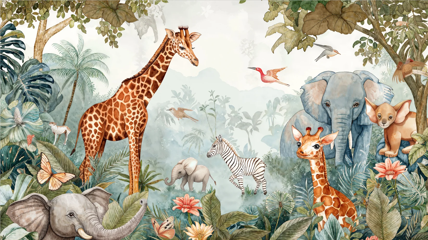 Customized Size Mural Cartoon Plants Banana Leaves Animal Mural Giraffe Elephant Tiger Children's Room Decoration Painting