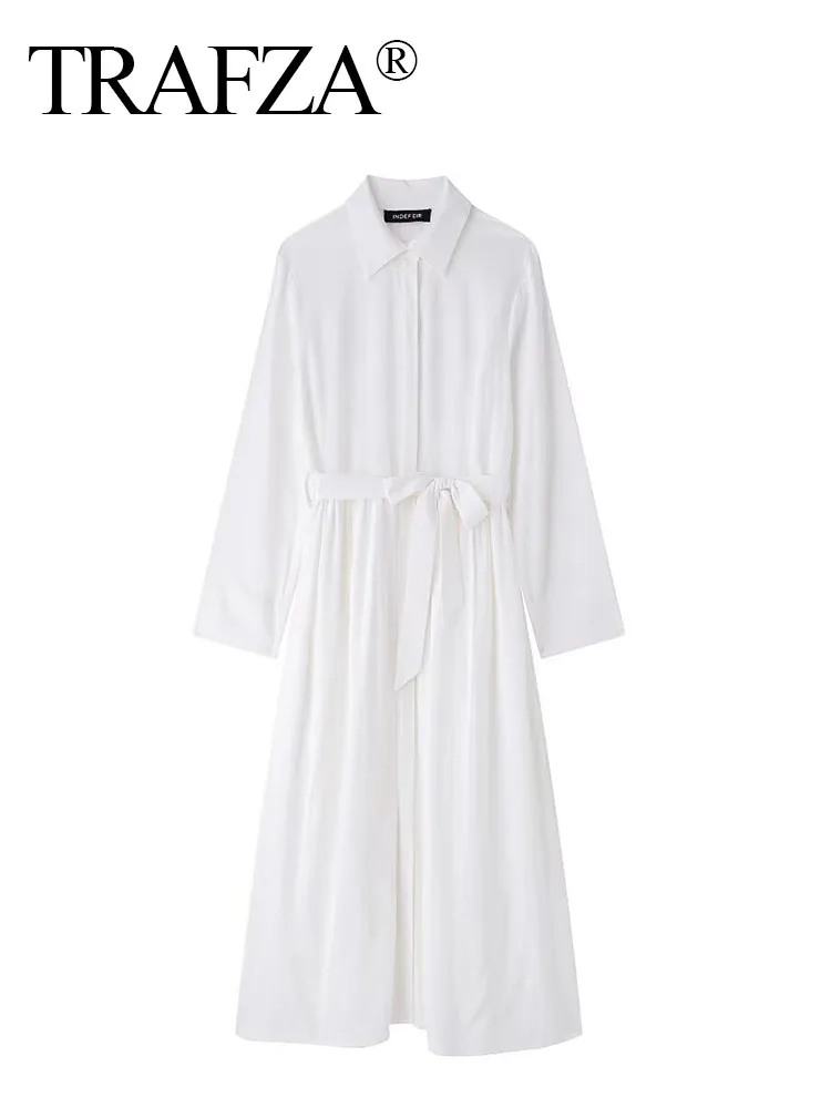 

TRAFZA Spring Female New Turn Down Collar Long Sleeve White Shirt Style Midi Dress Women Single Breasted Belt Long Dress Mujer