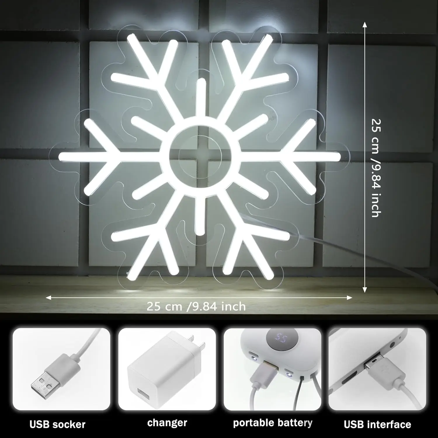 3 Pcs White Christmas Snowflake Neon Sign Snowflake LED Light Wall Window Decor Decoration Winter Party Home Office Art Bar Club