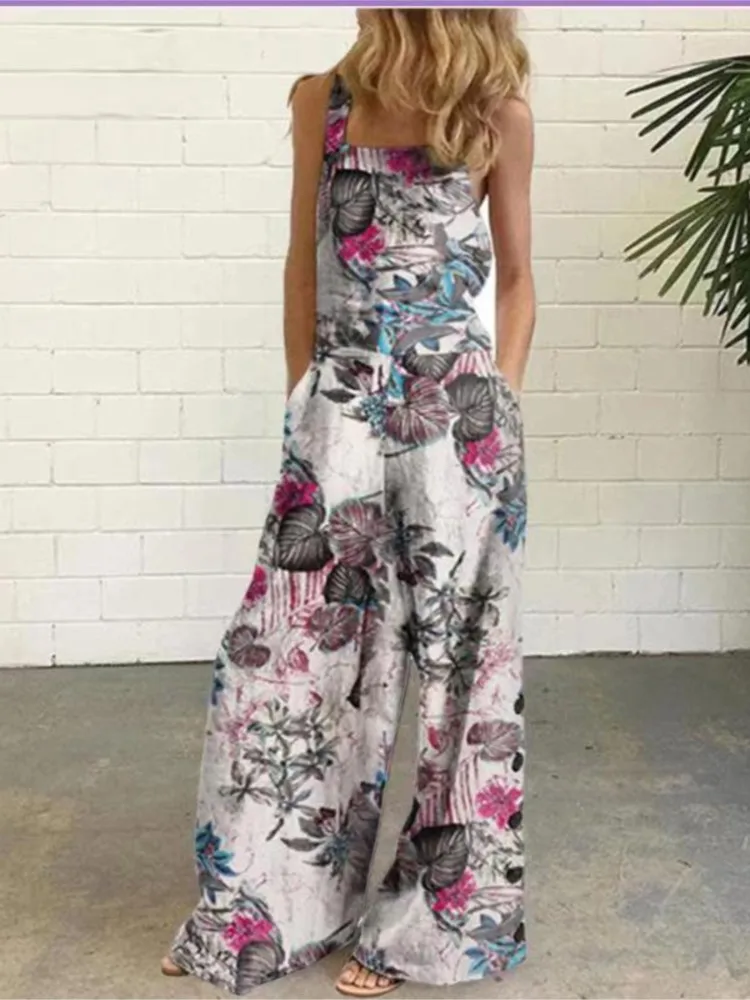 Mono sin mangas con estampado Floral para mujer, monos de lunares de Color sólido con pierna ancha, mono informal para mujer para primavera y verano 2025