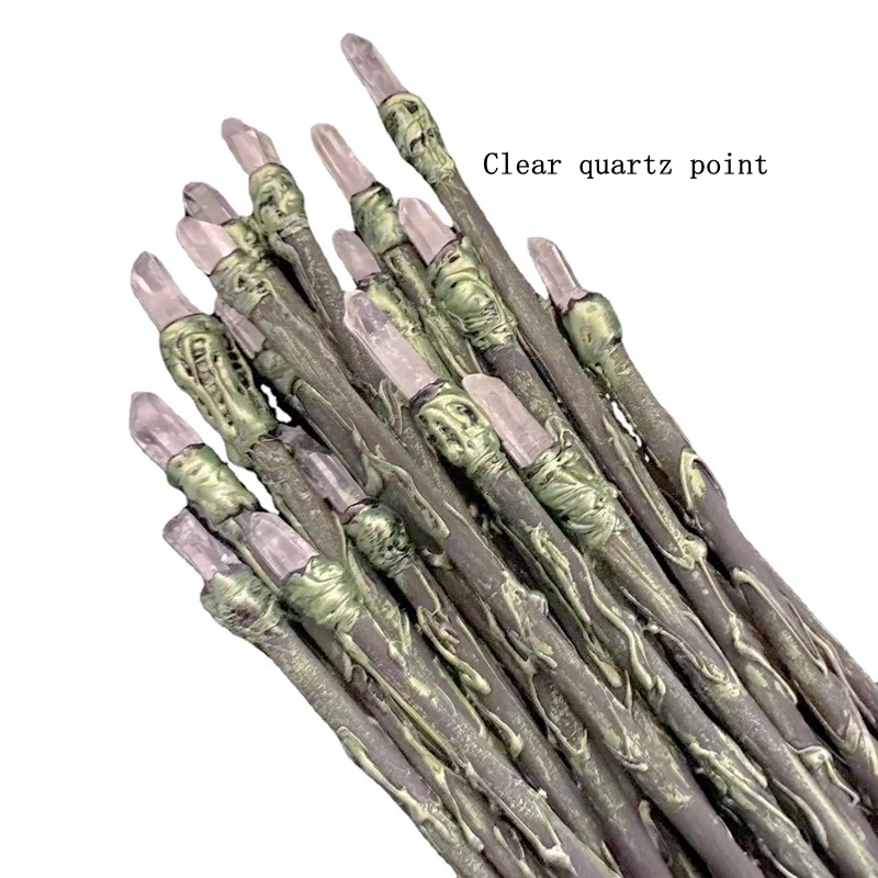 Black Wood Wand Stick Fairy Irregular Rough Stone Witchcraft Supplies for Altar Wicca Magic Fairy Stick Wand Point Clear Quartz