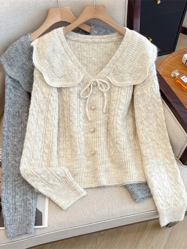 سترة نسائية محبوكة بمقاس كبير مع ياقة مكشكشة علوية Sle Sweet Youthful متعددة الاستخدامات من مزيج القطن الملون #1