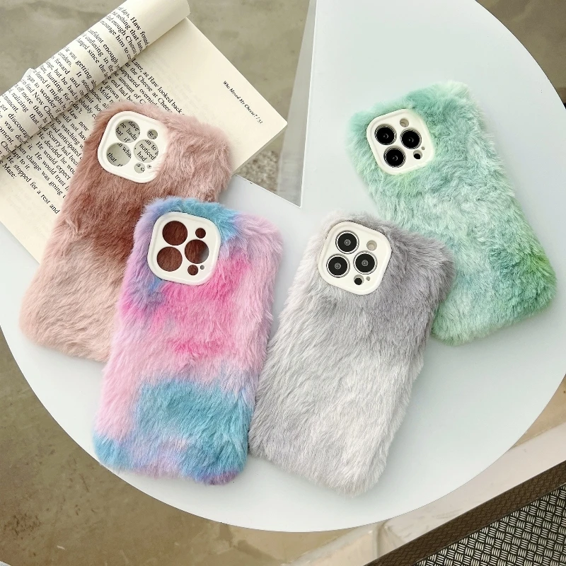 Winter Gradient Watercolor Hairy Phone Goddess Plush Warm Hands Back Cover For iPhone 16 15 14 13 12 11 Pro Max XR XS 8 7