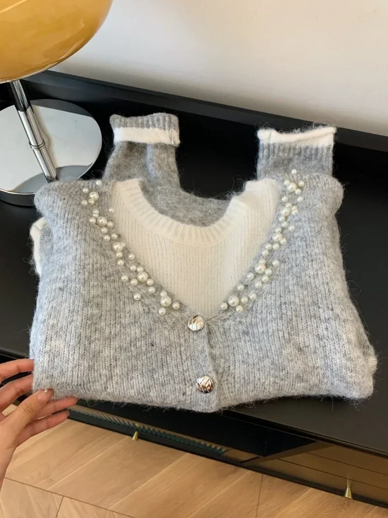 

Два свитера с v-образным вырезом и бисером для женщин, топы Femme, вязаный джемпер, корейский модный свитер Mujer