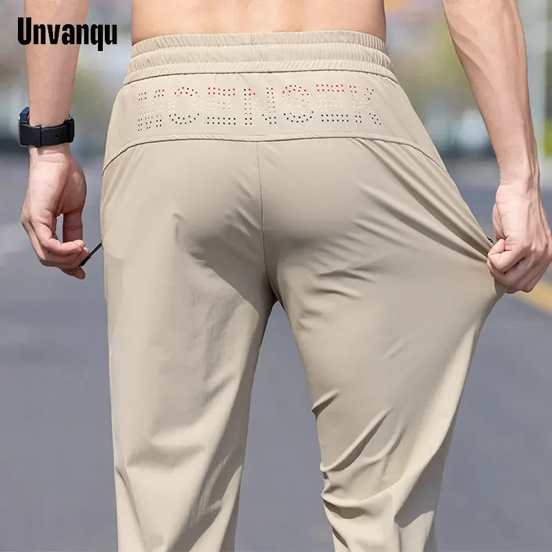 

UNVANQU 2023 New Men's Thin Pants Korean Trend Straight Tube Loose Ice Silk Sweatpants Boy Summer Elastic Khaki Jogging Trousers