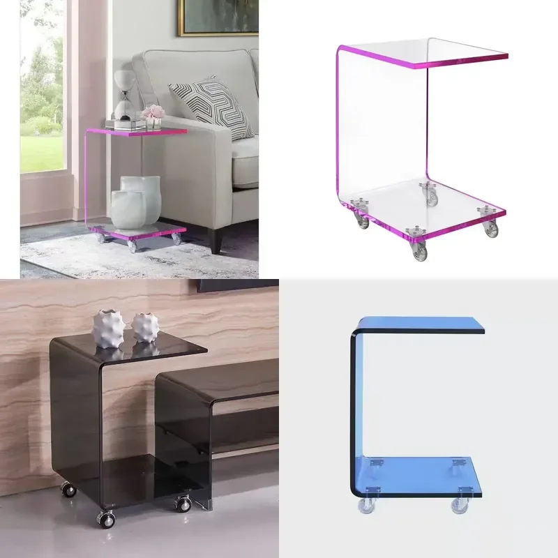 Modern C-Shaped Acrylic Transparent End Table with 4 Wheels Nightstand for Home Furniture Storage for Living Room Bedroom