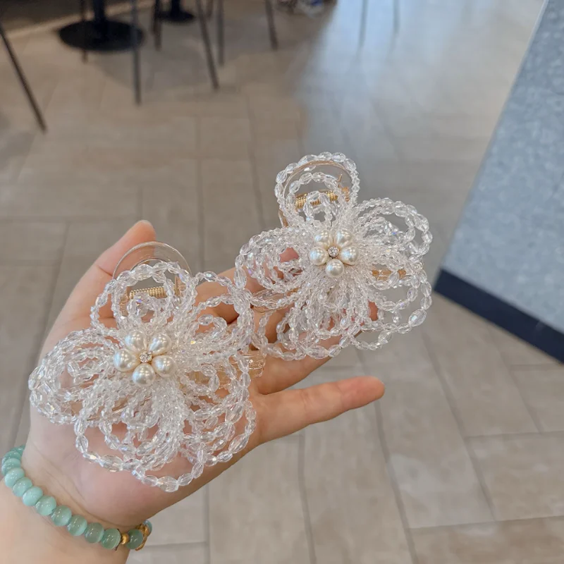 

Handmade Crystal Flower Pearl Hair Clip Large Size Back Head Shark Clip Sweet Hair Grap Hairpin Women Hair Accessory Heawear