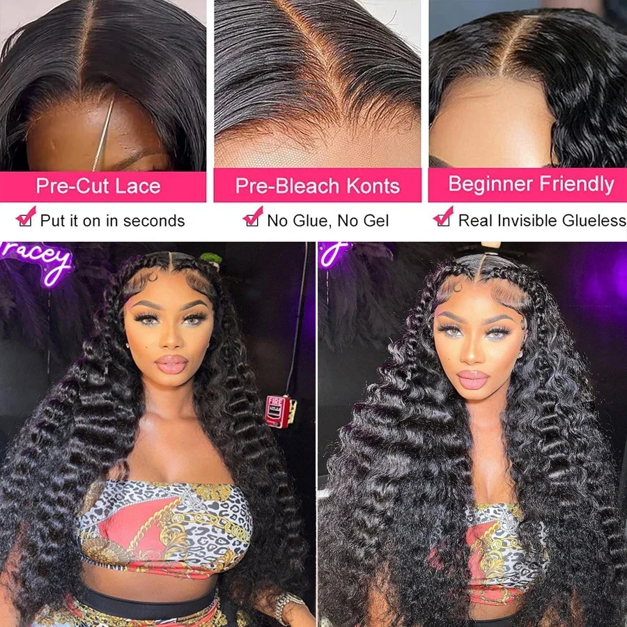 Wig Rambut Asli Tanpa Lem 6x4 Lace Closure Siap Pakai, Wig Rambut Asli Deep Wave Pre Cut Deep Curly Tanpa Lem 5x5 Lace Closure