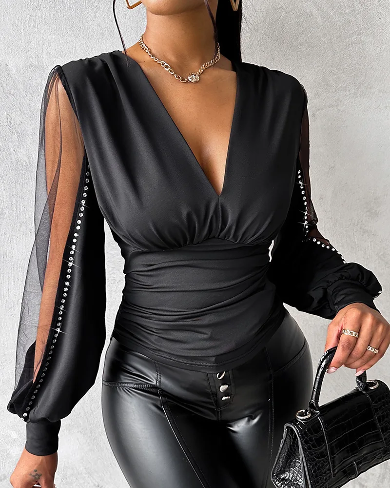 Fashion Sexy Deep V Neck Pullover Shirt Women Tops Elegant Plunge Sheer Mesh Patch Rhinestone Top Blouse Female blusas mujer