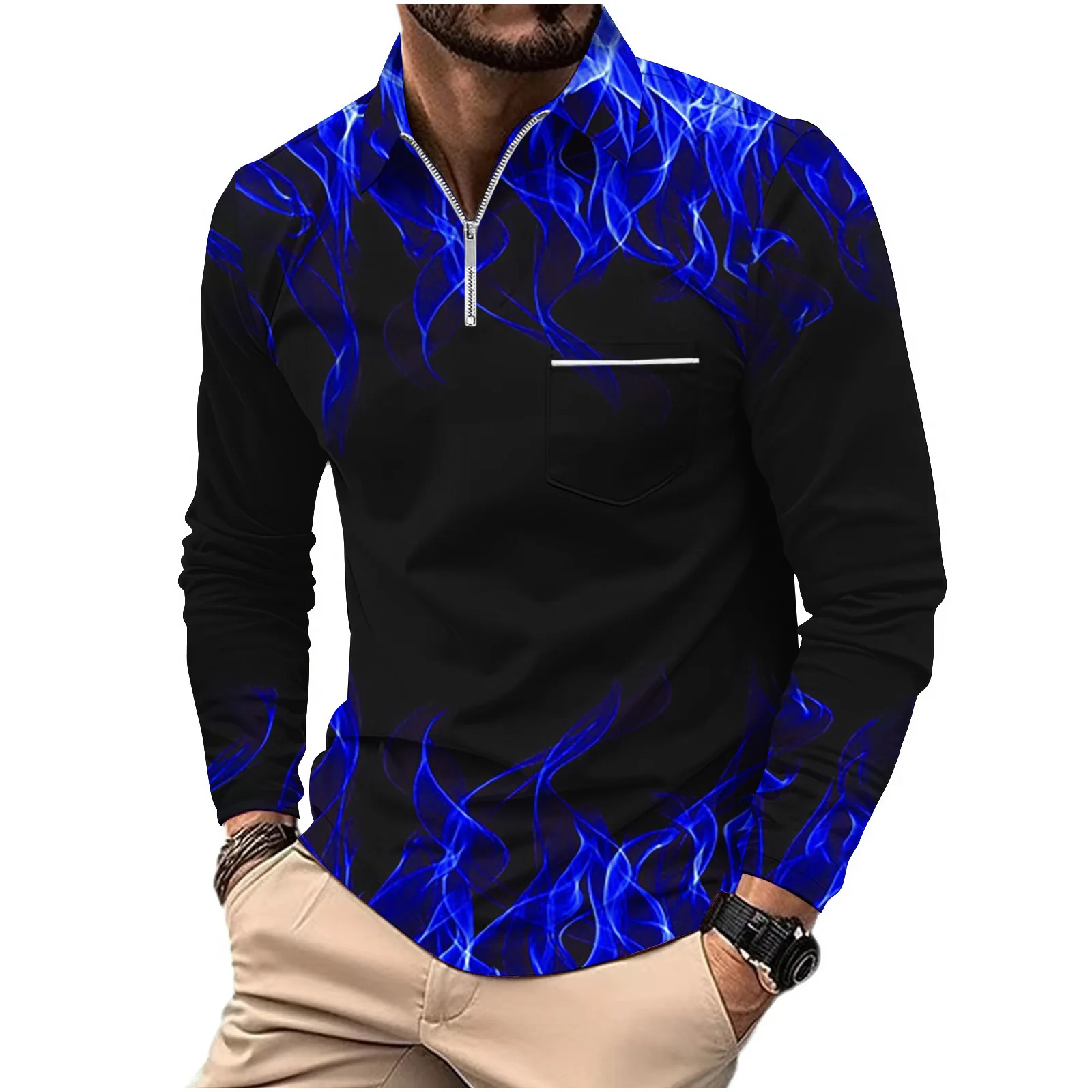 Fashion sports men's spring and autumn poro shirt zipper lapel print color contrast polyester fiber long-sleeved blazer