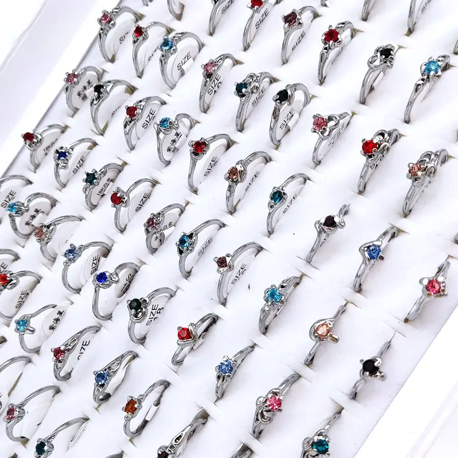 Wholesale 100pcs/lot New Fashion Crystal Zircon Sweet Rings For Women Color Mix Wedding Engagement Jewelry Alloy Silver Plated