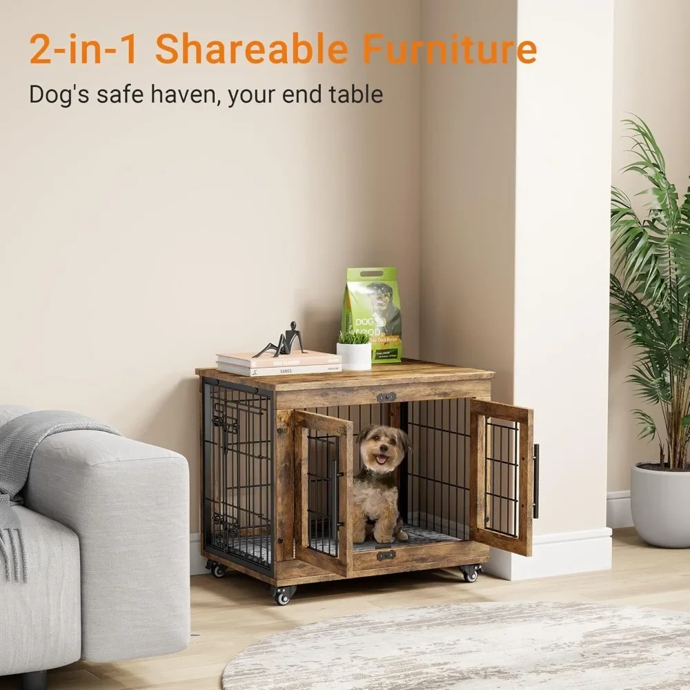

Small Dogs Crate Furniture, Dog Kennel Indoor Double Doors Wooden Dogs Cage, 27.1'' Heavy Duty Dog Crate with Cushion & Wheels
