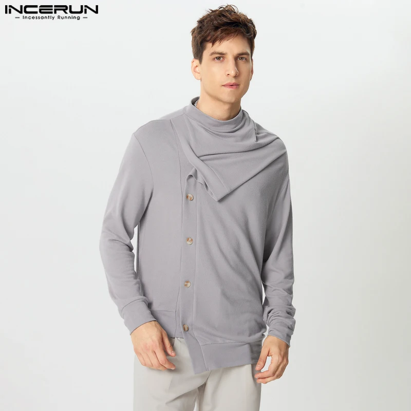 INCERUN Casual Long Sleeve Sweatshirts Men Solid Irregular Hem Tops Knit Button Fashion Pile Collar Inclined Door Flap Pullovers