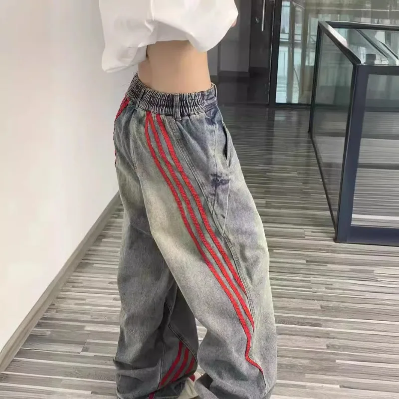 

American Retro High Street Jeans for Women Loose Straight Leg Striped Splicing Casual Distressed Work Pants Trend Female Clothes
