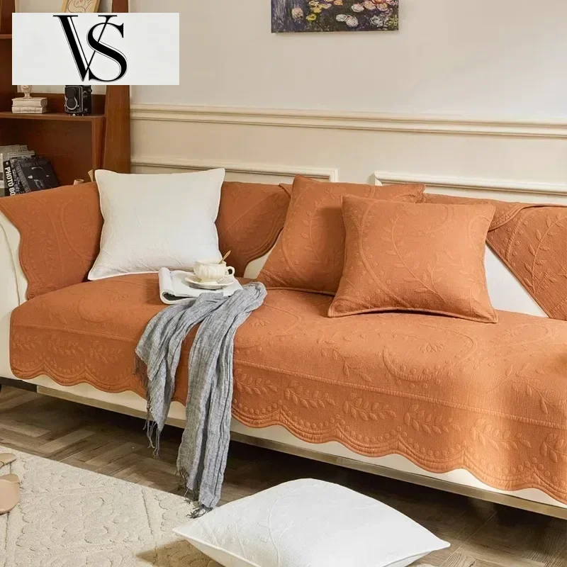French Cotton Pure Solid Color Sofa Cushion Anti-Slip Cushion Couch Living Room Sofa Breathable Cozy Cover for All Seasons