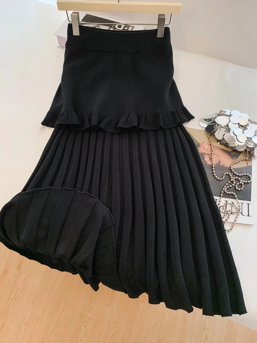 

Beautiful Accordion Pleat Fake Two-Piece Knitted Long Skirt High Waist Slimming Women's Sle Sweet Casual Autumn Winter