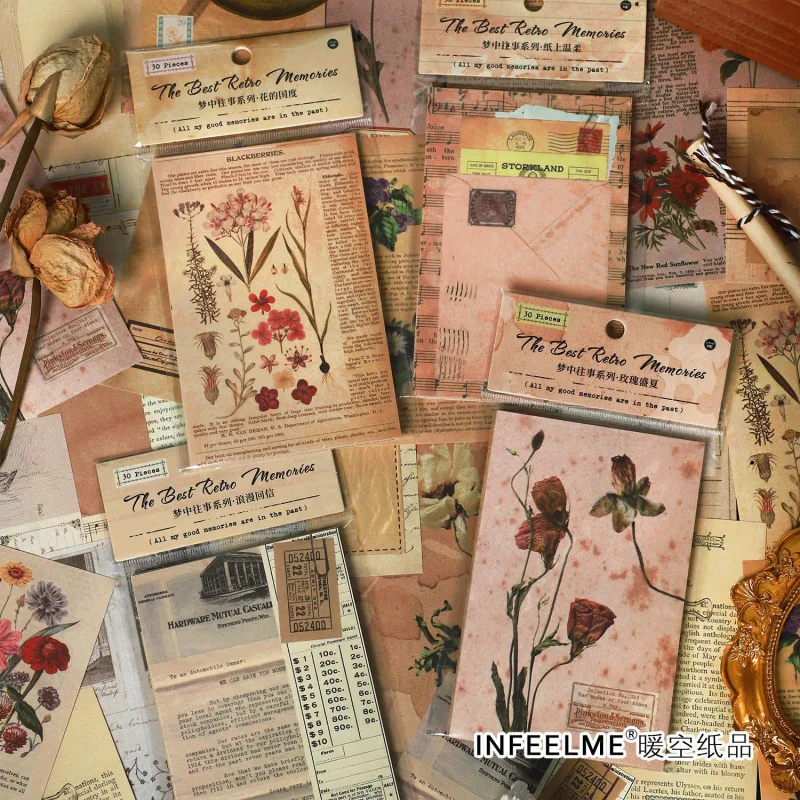 30-teiliges Papier-Set aus Vintage-Blumenmaterial, elegante botanische Designs, ideal für Scrapbooking und Tagebuchhintergründe