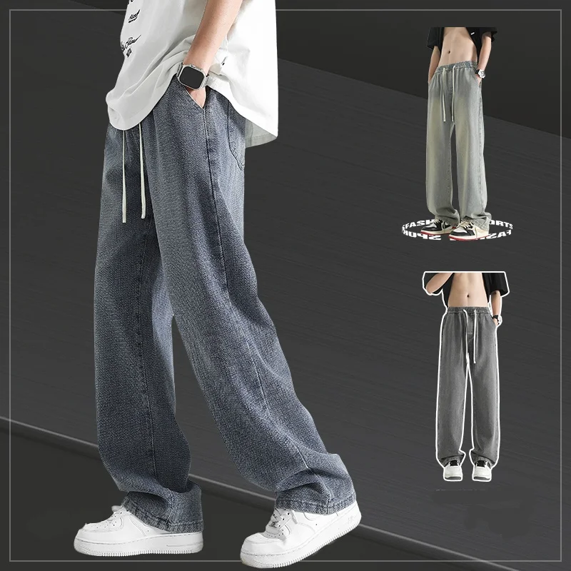 Jeans Kaki Lebar Longgar Modis Pria 2025, Jeans Longgar Retro Jalanan Lurus Kasual, Jeans Nyaman Kasual, Elasti