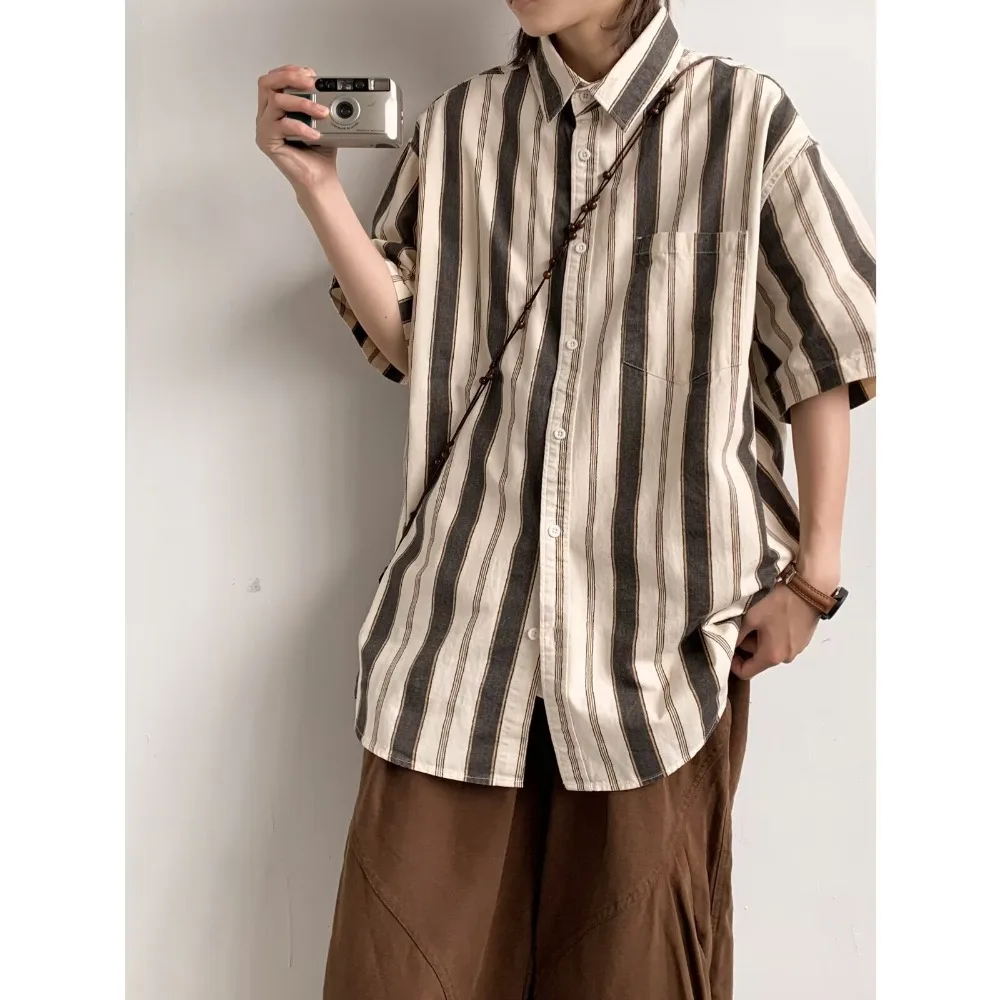 

Summer New Contrast Striped Shirt Men Short Sleeve Japanese Retro Cityboy Fashion Loose Casual Buttons Stripe Shirt Streetwear