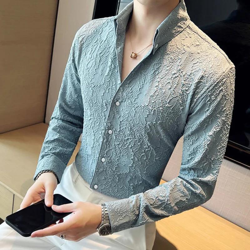 

Fall Premium Jacquard Shirts Men Long Sleeve Casual Shirt Sexy Chemise Homme Social Party Tuxedo Nightclub Jacquard Shirt Men