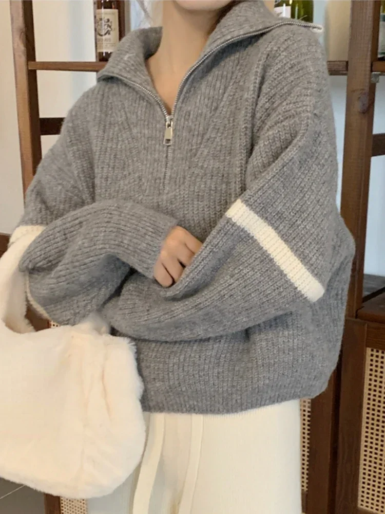 Knitted Sweater Women 2024 Winter New Zippers Turn-down Collar Women\'s Fashion Sweaters Grey White Vintage Turtleneck Pullovers