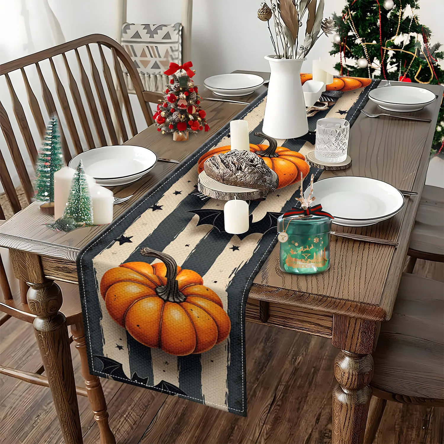 قطعة واحدة من مفرش طاولة الهالوين ذو الطابع الداكن، يتميز بأنماط اليقطين والخفافيش، ومناسب لحفلات الهالوين والديكورات الداكنة #4