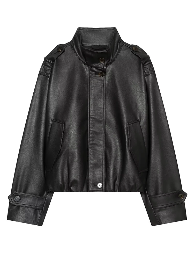 HH Women PU Leather Jacket Fall Winter Oversized Stand Collar Coat Button Detail Utility Pockets Trendy Casual Streetwear Outerw
