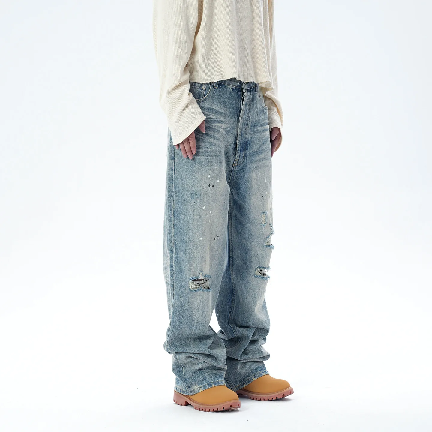 Fashion American-Style Retro Washed Cat Beard Old Splash Ink Scratch Damage Summer Straight Ripped Jeans