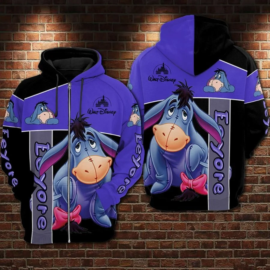 2023 New  Eeyore Cartoon Winnie The Pooh Walt Disney 1 Over Print 3d Zip Hoodie