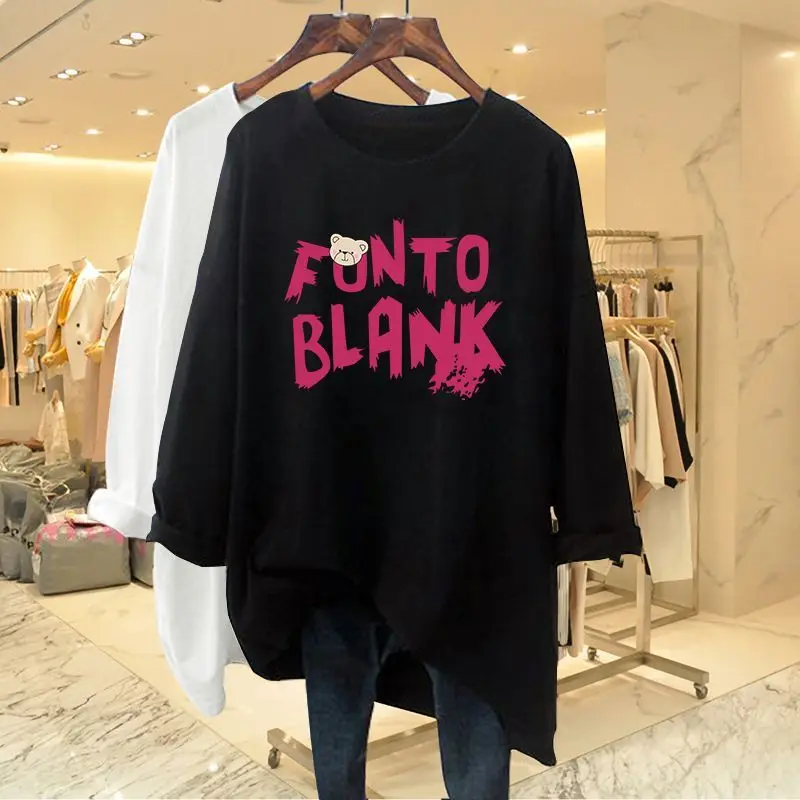 Women Clothing Chic Hand-Painted Letter Print T-shirt Spring Autumn Casual Loose Pure Cotton Basic Top O-neck Long Sleeve Tees