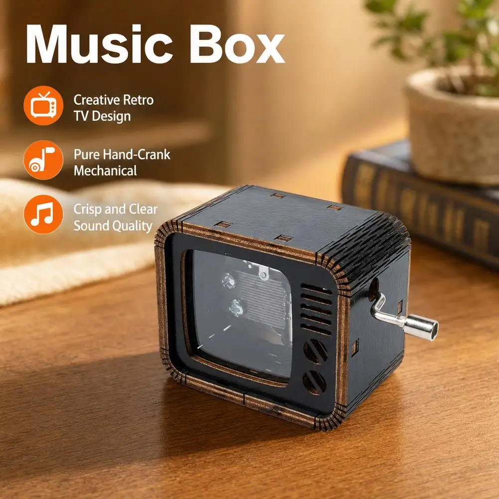  ﻿ Vintage Television Model Wood Music Box Manual Crank Clear Acoustic Melody No Electronic Mini TV Shaped Hand Crank Music Box
