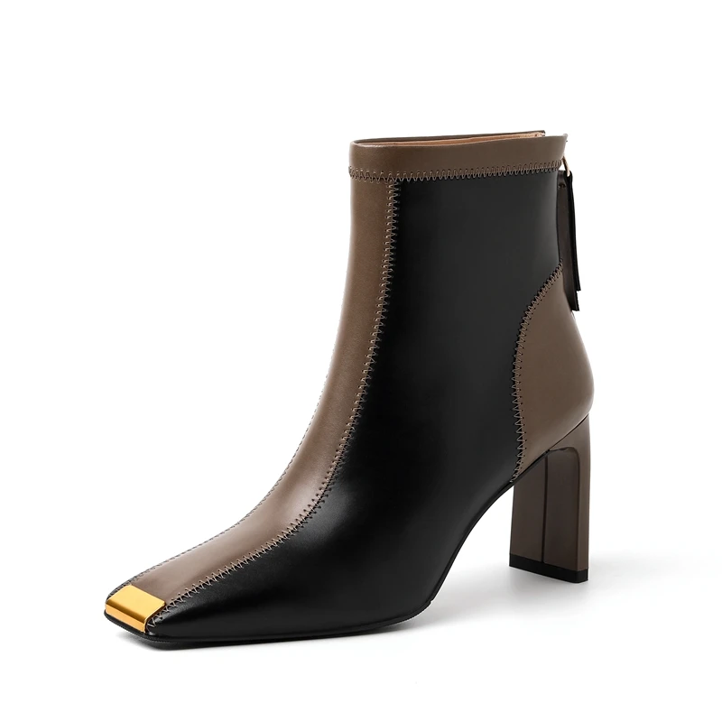 

Women's new leather cowhide square toe metal toe calf zipper high heel color blocked western short boots Chelsea fashion boots