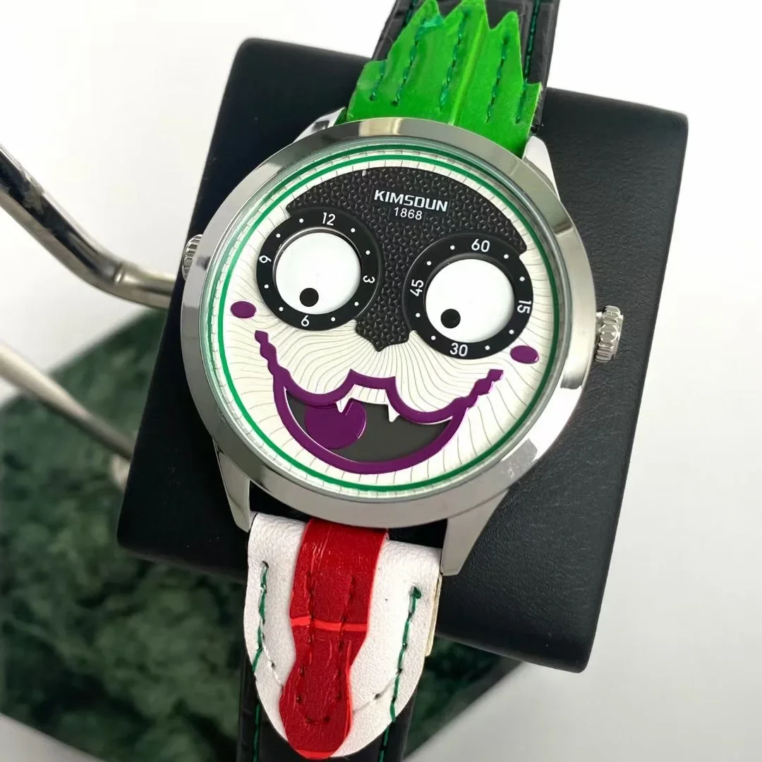 Unique Casual Men's Watches Creative Joker Face Design Leather Strap Waterproof 3Bar Luxury Women Mens Quartz Watches Gifts