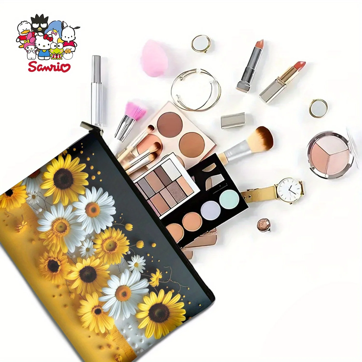 Un sac de maquillage classique à motifs frais de marguerite jaune et blanche – jolie pochette multifonctionnelle à fermeture éclair pour femmes, sac de rangement de bijoux,