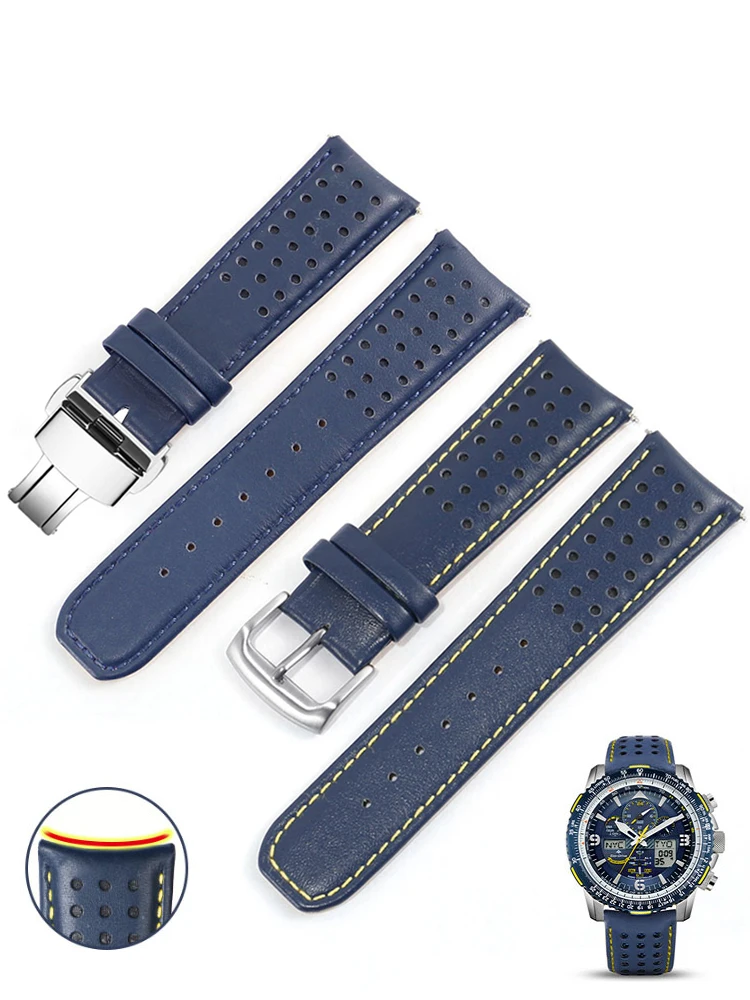 For Citizen Blue Angel 1 2 Generation Air Eagle At8020/Jy8078 Steel Buckle 22 23 Blue Yellow Line Genuine Leather Watch Strap