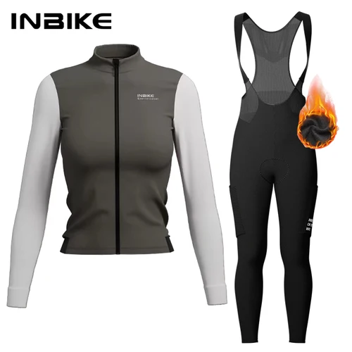 Imagen 1 del producto INBIKE-Conjunto de Jersey térmico cálido para ciclismo para mujer, cómodos pantalones con pechera de lana para bicicleta de carretera, ropa de montaña a prueba de viento con bolsillos