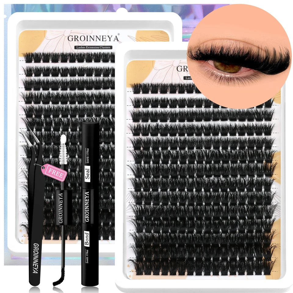 Kit de racimos de pestañas GROINNEYA con fijación fuerte resistente al agua, kit de extensiones de pestañas DIY con adhesivo y sellador y pinzas para pestañas 2