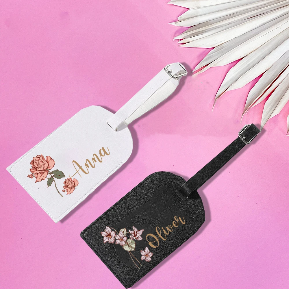 Personalised Luggage Tag Custom Birth Flower with Name Leather for Suitcase Baggage Handbag Travel Bag Label Suitcase Tags Gift