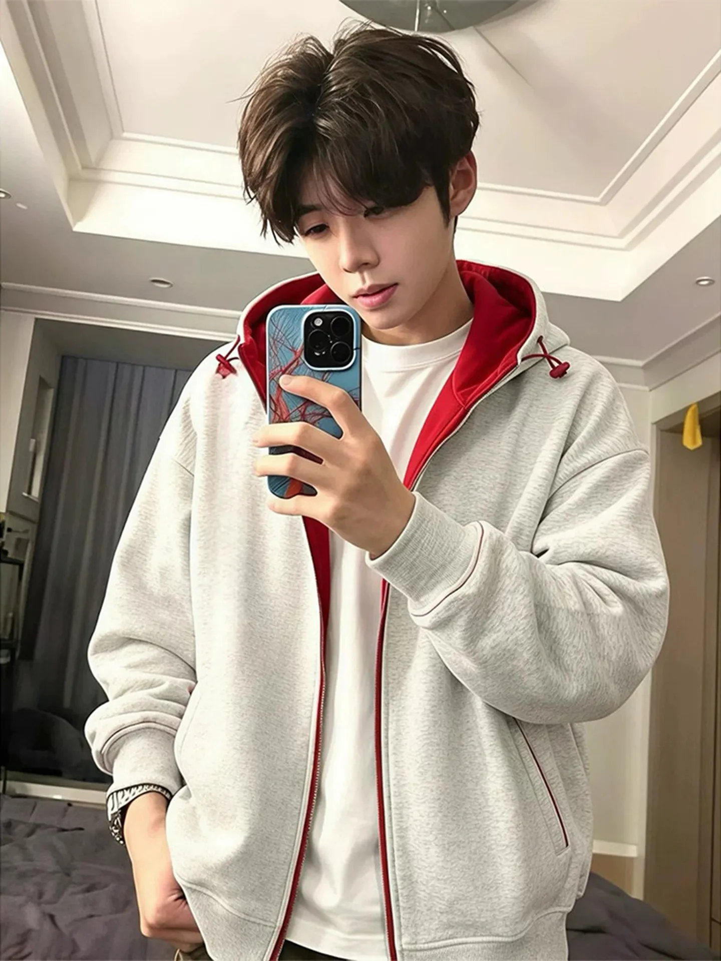 Cleanfit Grey Color Block Hoodie Cardigan Unisex Heavyweight Autumn Jacket Hard And Stiff for Couples Casual Loose Fit Long S...