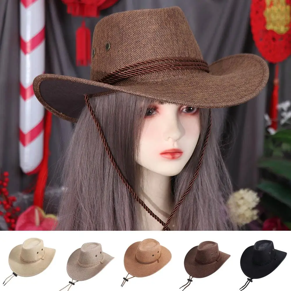 

Cool Linen Western Cowboy Hat Beach Cap Wide Brim Summer Sun Hat Cycling Cap Sun Protection Cap Beach Sunscreen Cap Travel