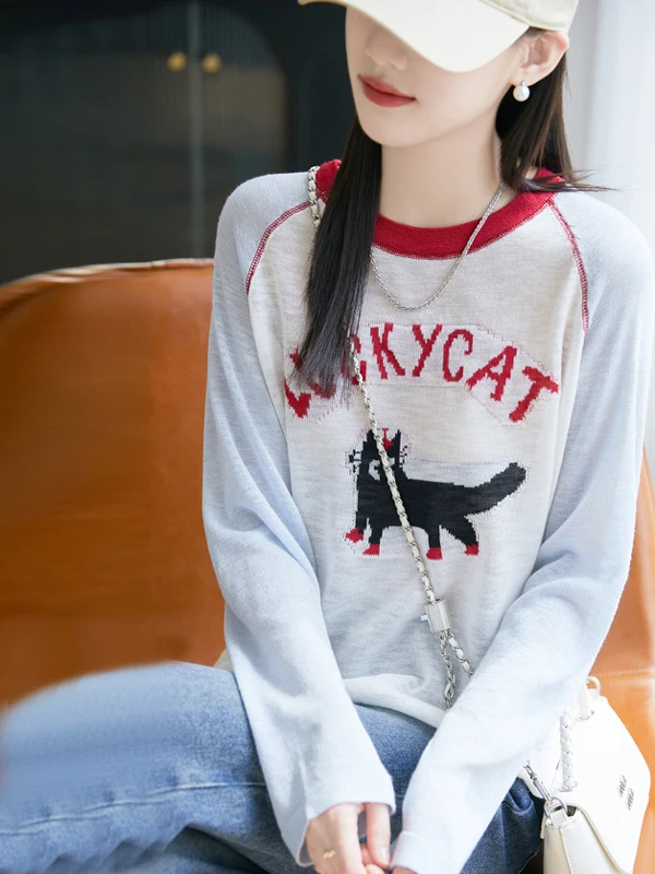 

Women's Knitted Long Sve T-irt Summer Faionable Sun Protection Top Cartoon Pattern oulder Insert Design round Ne