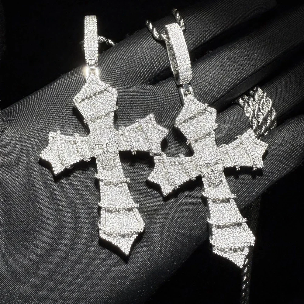2025 new silver color thorn cross skull hip-hop pendant full of shiny zircon pop men's necklace jewelry gifts.