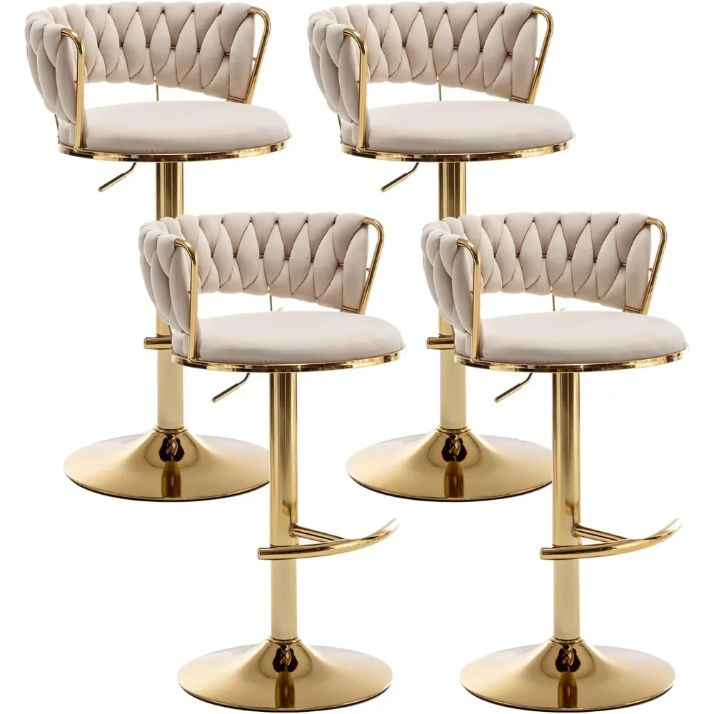 Gold Bar Stools Set of 4, Counter Height Bar Stools with Low Back, Velvet Adjustable Height Barstools, 360° Swivel Bar Stools fo
