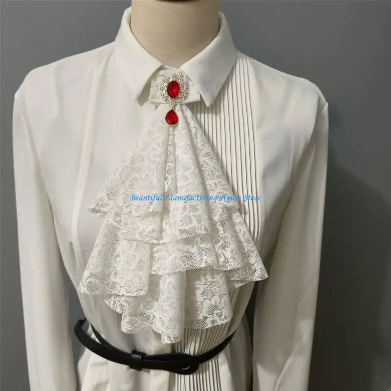 E56A Women's Multilayer Lace Ruffle Crystal Faux Collar Gothic Victorian Detachable Jabot Collar Steampunk Clothing Accessory