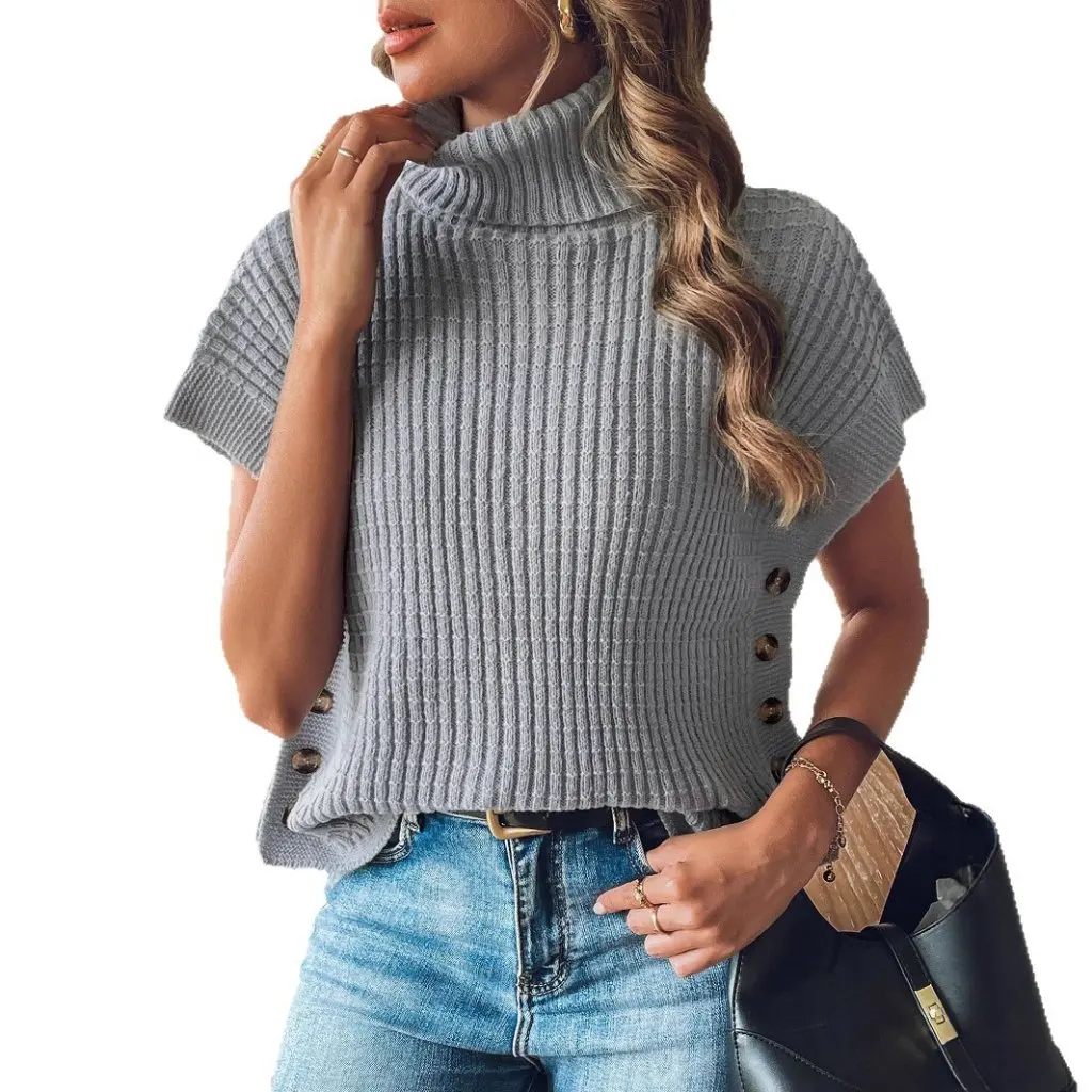 

Women's Casual Knitted Sweater Vest Button Decorated High Collar Spring Autumn Fashion Top European And American Style