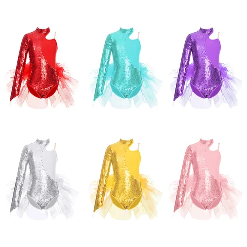 Imagen 2 del producto Niños Niñas Ballet danza leotardo patinaje artístico gimnasia hombro asimétrico traje lentejuelas pluma tutú con falda mono