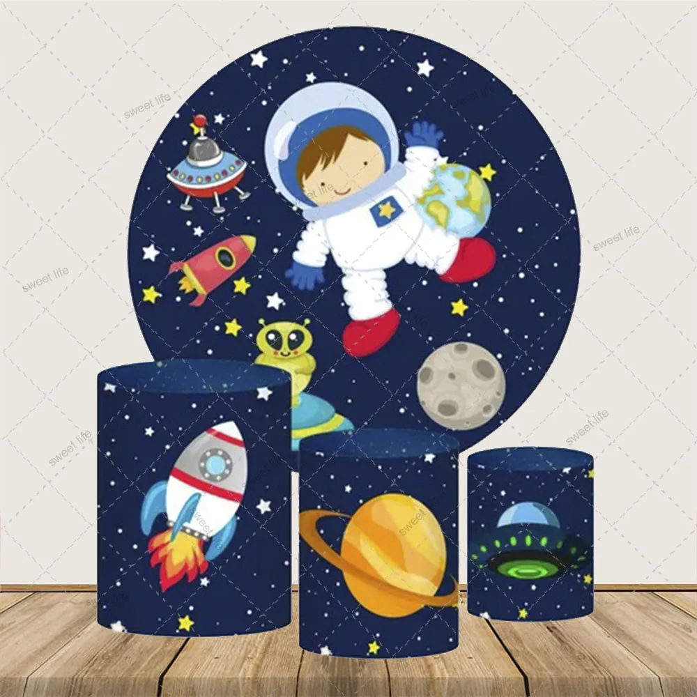 

Starry Sky Cylinder Round Cover Planet Rocket Outer Space Birthday Party Cylinder Cover Photo Backdrop